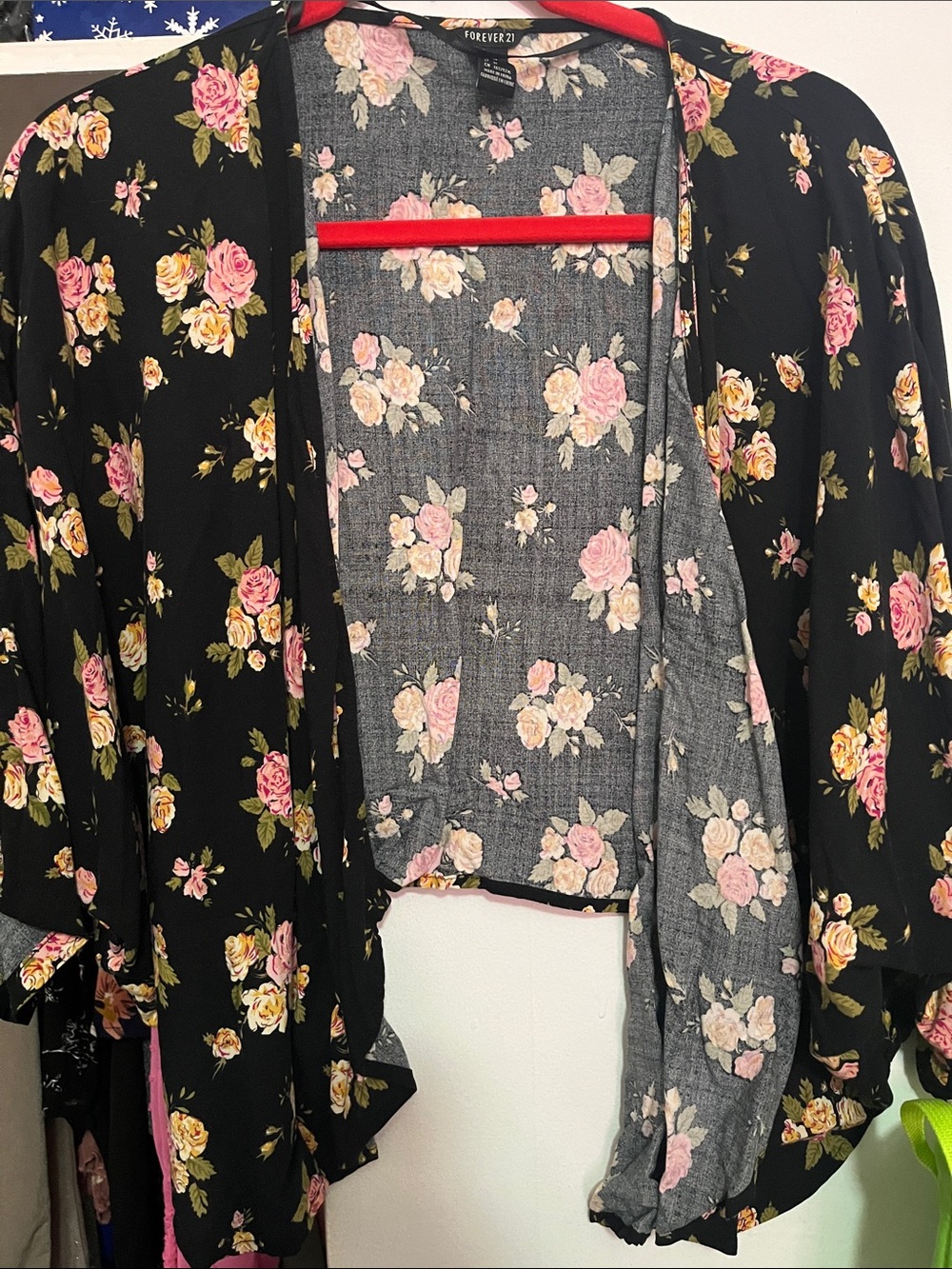 New Forever 21 Black Floral Open-Front Kimono with Pink & Cream Roses